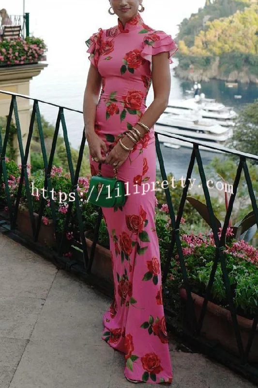 Cheongsam Style Rose Floral Print Tiered Flare Sleeve Stretch Maxi Dress Elegant Boho Maxi Dress Cheongsam Style Rose Floral Print Tiered Flare Sleeve Stretch Maxi Dress Elegant Boho Maxi Dress