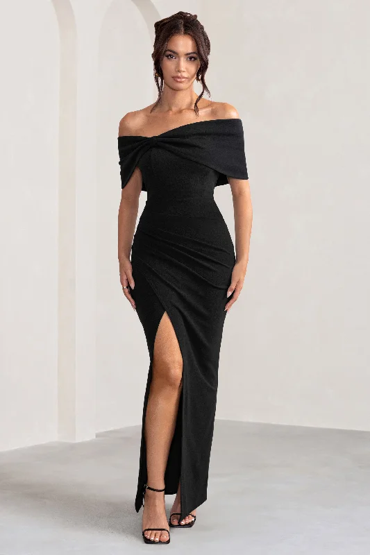 Eva | Black Bardot Bow Detail Maxi Dress With Thigh Split Trendy V-Neck Maxi Dress