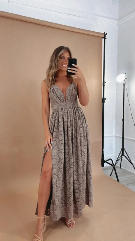 ECB Exclusive: Layla Lace Maxi Dress, Taupe Trendy Floral Print Maxi Dress