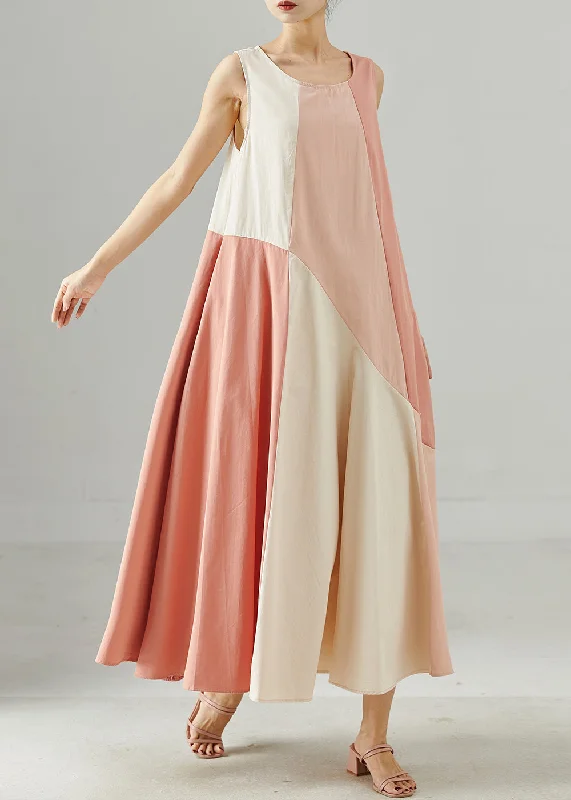 Fine Pink Oversized Patchwork Cotton Maxi Dress Summer Elegant Sleeveless Maxi Dress Fine Pink Oversized Patchwork Cotton Maxi Dress Summer Elegant Sleeveless Maxi Dress