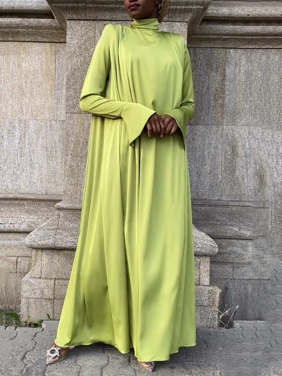 Zjkrl - Flared Sleeves Long Sleeves Solid Color High-Neck Maxi Dresses Comfortable Maxi Dress with Belt Zjkrl - Flared Sleeves Long Sleeves Solid Color High-Neck Maxi Dresses Comfortable Maxi Dress with Belt