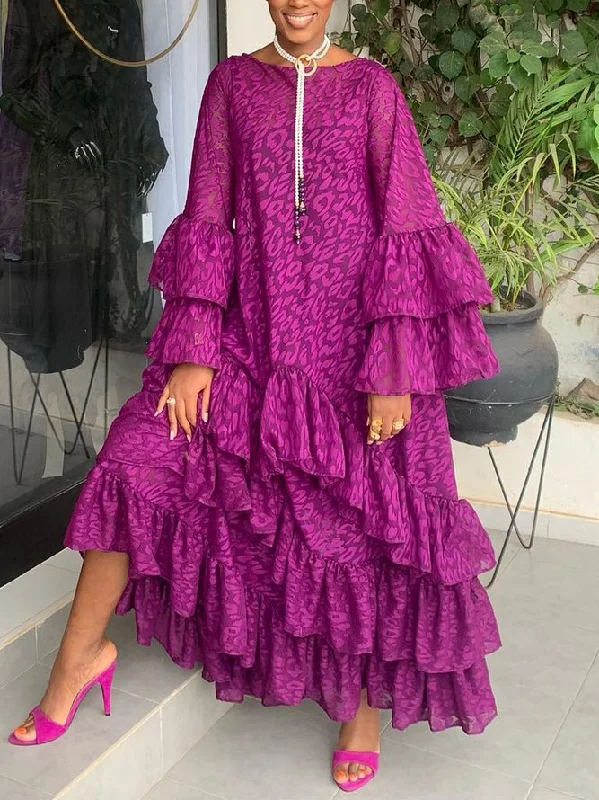 Zjkrl - Flared Sleeves Loose Falbala Solid Color Round-Neck Maxi Dresses Elegant Wraparound Maxi Dress Zjkrl - Flared Sleeves Loose Falbala Solid Color Round-Neck Maxi Dresses Elegant Wraparound Maxi Dress
