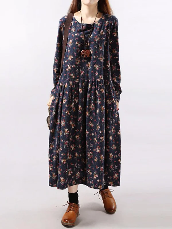 Floral Printed Pleated Long Sleeve Women Maxi Dress Comfortable T-Shirt Maxi Dress