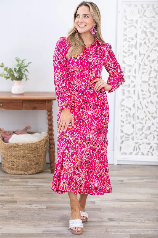 Fuchsia Abstract Print Long Sleeve Maxi Dress Fashionable Sheer Maxi Dress