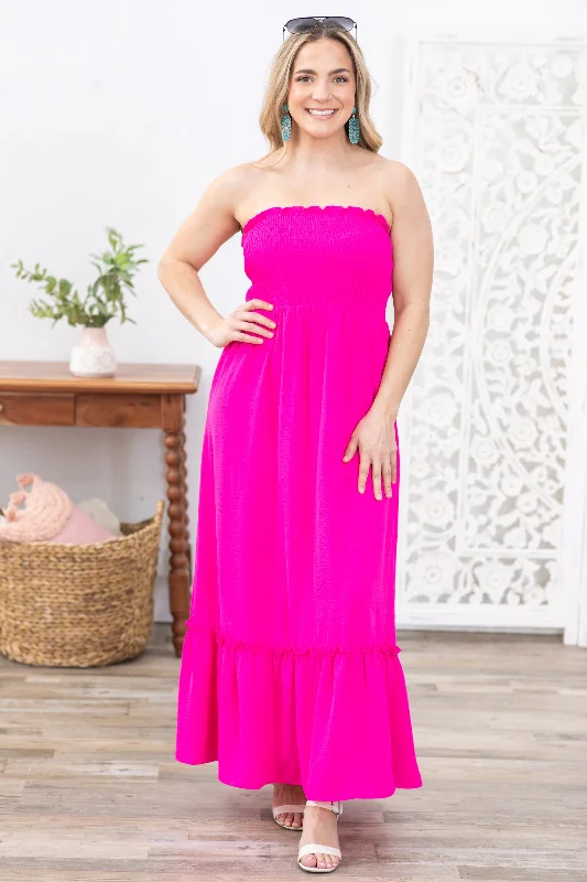 Fuchsia Strapless Boho Maxi Dress Elegant Lace Maxi Dress