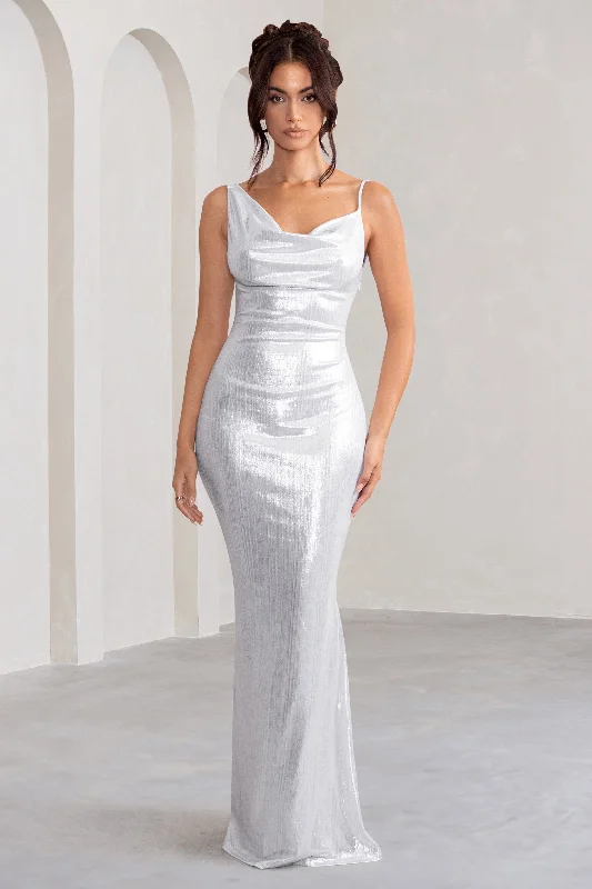 Galaxy Shimmer | Silver Bias Cut Cowl Front Maxi Dress Stylish Maxi Dress with Frills Galaxy Shimmer | Silver Bias Cut Cowl Front Maxi Dress Stylish Maxi Dress with Frills