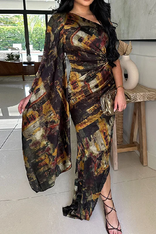 Graffiti Print Smart Ruched Asymmetric Maxi Dress Elegant Maxi Dress with Belt