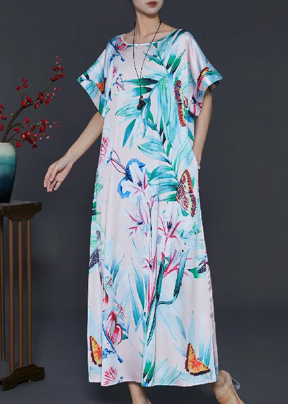 Italian Green Leaf Print Silk Maxi Dresses Summer Cozy Knitted Maxi Dress