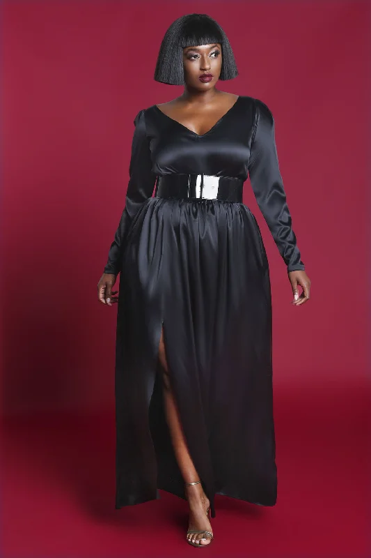 Black V Neck/Back Long Sleeved Maxi Dress- JIBRI Fashionable Asymmetrical Maxi Dress Black V Neck/Back Long Sleeved Maxi Dress- JIBRI Fashionable Asymmetrical Maxi Dress