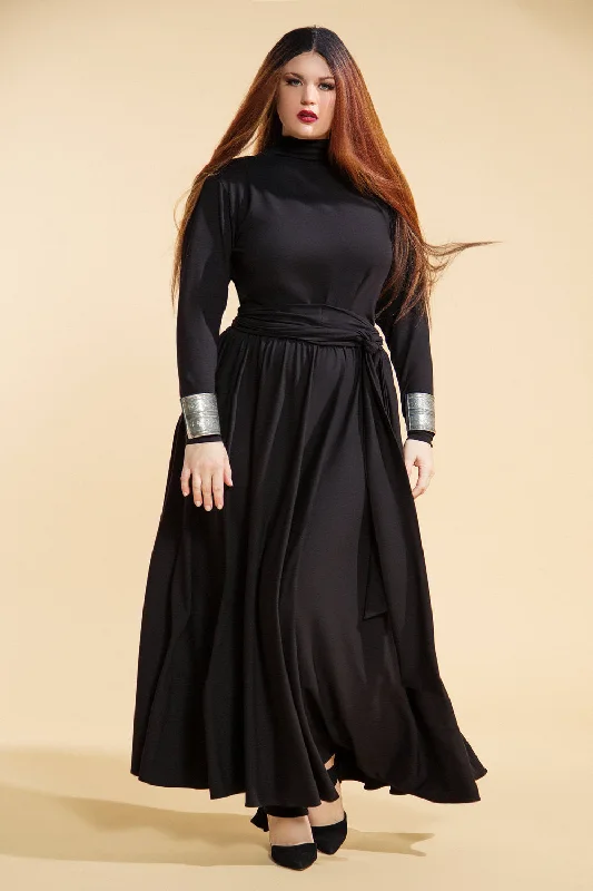 Long Sleeved Mock Neck Flare Maxi Dress- JIBRI Elegant Maxi Dress with Slit