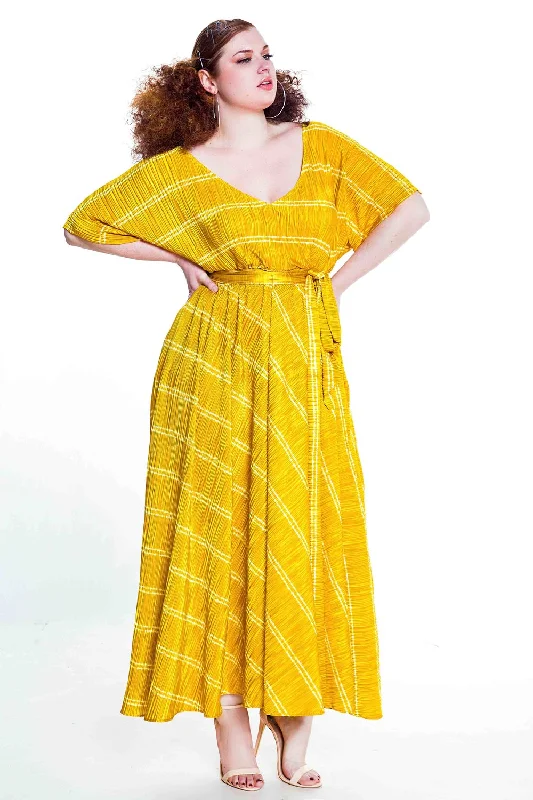 Mustard/Cream Bat Sleeved Maxi Dress- JIBRI Stylish Long Sleeve Maxi Dress