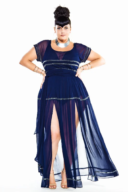 Navy & Silver Cap Sleeved Sheer Poolside Maxi Dress- JIBRI Fashionable Sheer Maxi Dress Navy & Silver Cap Sleeved Sheer Poolside Maxi Dress- JIBRI Fashionable Sheer Maxi Dress