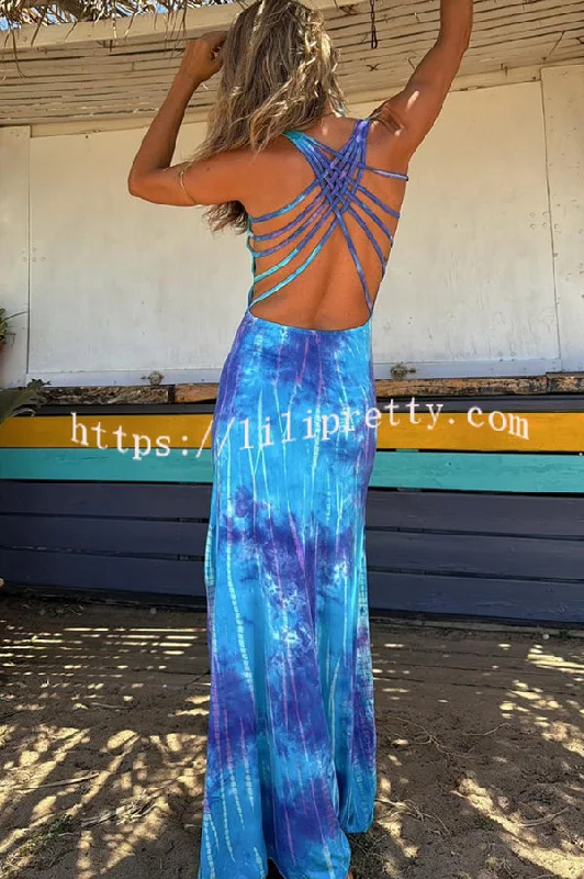 La Bamba Tie-dye Print Back Lace-up Stretch Maxi Dress Classic Strapless Maxi Dress