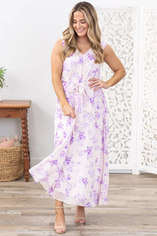 Lavender V-Neck Self Tie Floral Maxi Dress Classic A-Line Maxi Dress