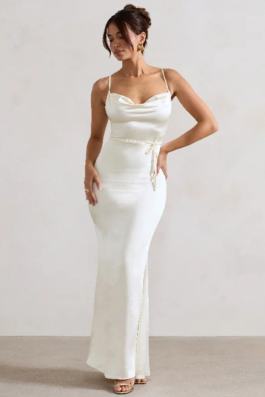 Lifetime | Ivory Satin Cowl Neck Maxi Dress With Cross Back Detail Elegant Maxi Dress with Slit Lifetime | Ivory Satin Cowl Neck Maxi Dress With Cross Back Detail Elegant Maxi Dress with Slit