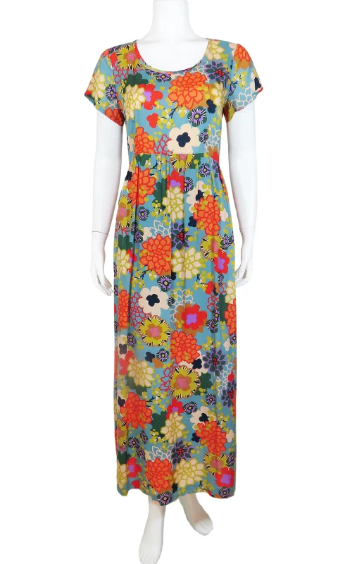 LINDLEY Puff Floral Maxi Dress in SKY Trendy Maxi Dress with Belt
