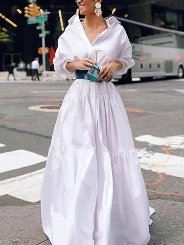 Zjkrl - Long Sleeves Loose Belted Pleated Solid Color Lapel Maxi Dresses Stylish Pleated A-Line Maxi Dress Zjkrl - Long Sleeves Loose Belted Pleated Solid Color Lapel Maxi Dresses Stylish Pleated A-Line Maxi Dress