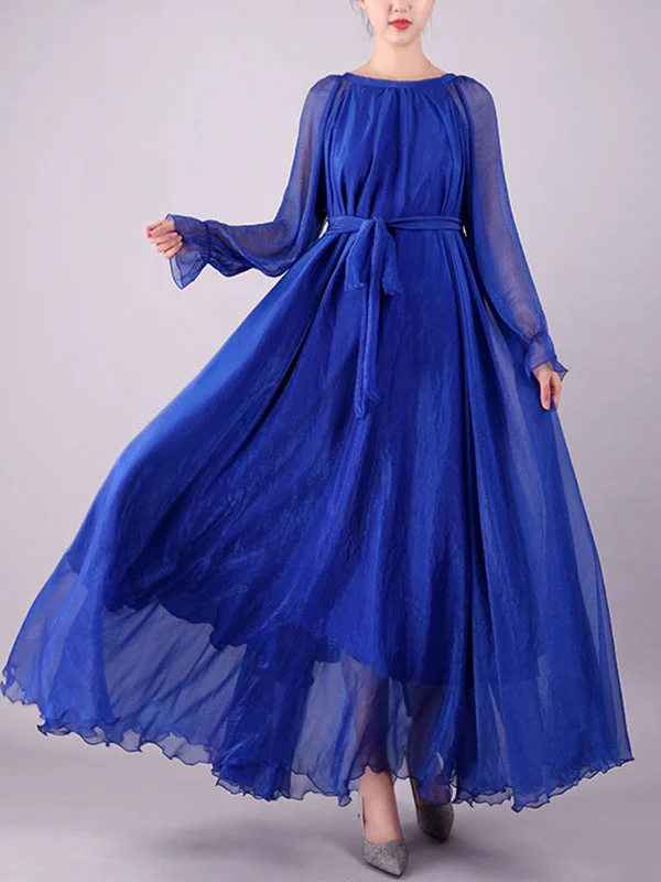Zjkrl - Long Sleeves Loose Falbala Gauze Pleated Solid Color Tied Waist Round-Neck Maxi Dresses Cozy Cold-Shoulder Maxi Dress Zjkrl - Long Sleeves Loose Falbala Gauze Pleated Solid Color Tied Waist Round-Neck Maxi Dresses Cozy Cold-Shoulder Maxi Dress