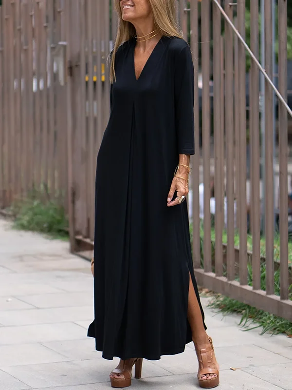 Zjkrl - Long Sleeves Loose Solid Color Split-Side V-Neck Maxi Dresses Chic Off-Shoulder Maxi Dress Zjkrl - Long Sleeves Loose Solid Color Split-Side V-Neck Maxi Dresses Chic Off-Shoulder Maxi Dress