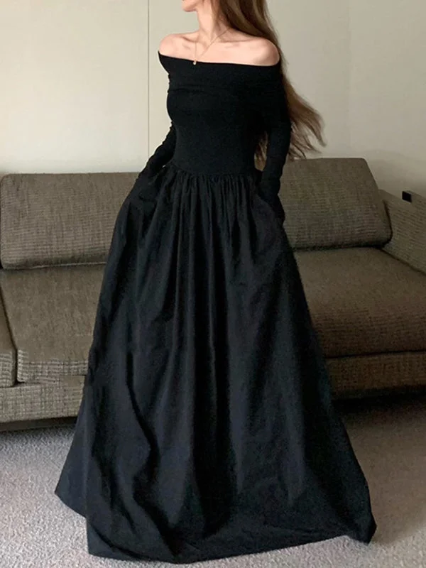Zjkrl - Long Sleeves Pleated Solid Color Split-Joint Off-The-Shoulder Maxi Dresses Trendy Satin Maxi Dress Zjkrl - Long Sleeves Pleated Solid Color Split-Joint Off-The-Shoulder Maxi Dresses Trendy Satin Maxi Dress