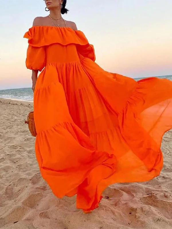 Zjkrl - Loose Puff Sleeves Pleated Solid Color Off-The-Shoulder Maxi Dresses Elegant Silk Maxi Dress