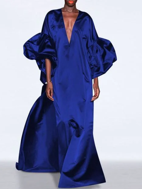 Zjkrl - Loose Puff Sleeves Solid Color V-Neck Maxi Dresses Fashionable High-Low Maxi Dress