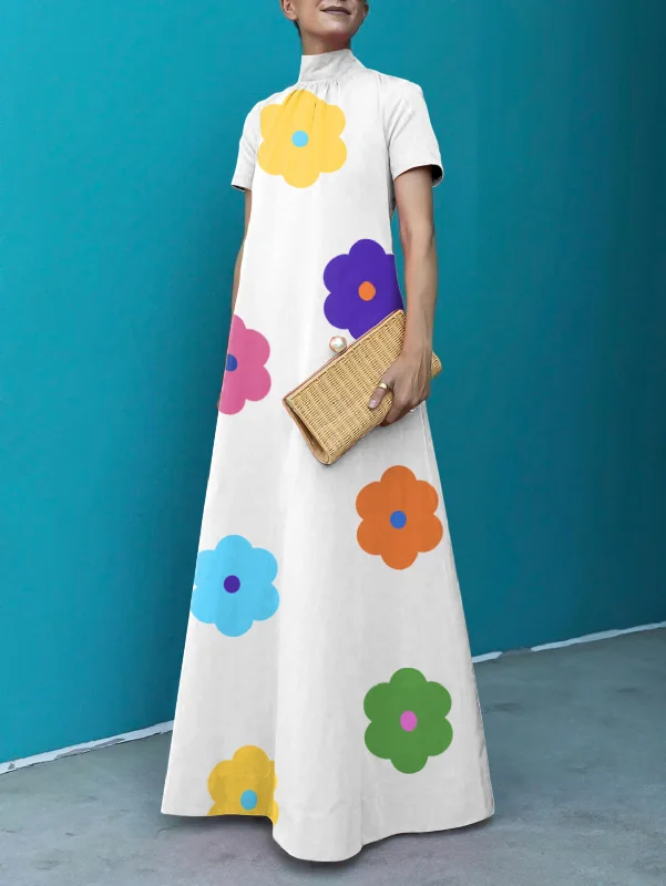 Zjkrl - Loose Short Sleeves Floral Printed High-Neck Maxi Dresses Chic Button-Up Maxi Dress Zjkrl - Loose Short Sleeves Floral Printed High-Neck Maxi Dresses Chic Button-Up Maxi Dress