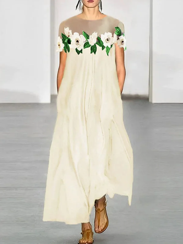Zjkrl - Loose Short Sleeves Flower-Embellished Split-Joint Round-Neck Maxi Dresses Stylish Maxi Dress with Pleats Zjkrl - Loose Short Sleeves Flower-Embellished Split-Joint Round-Neck Maxi Dresses Stylish Maxi Dress with Pleats