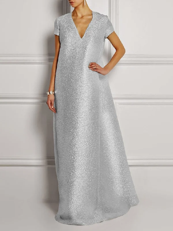 Zjkrl - Loose Short Sleeves Shiny Solid Color V-Neck Maxi Dresses Chic Summer Maxi Dress