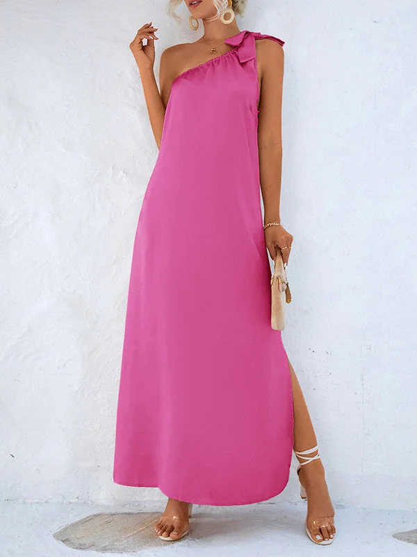 Zjkrl - Loose Sleeveless Solid Color One-Shoulder Maxi Dresses Trendy Ruffled Maxi Dress Zjkrl - Loose Sleeveless Solid Color One-Shoulder Maxi Dresses Trendy Ruffled Maxi Dress