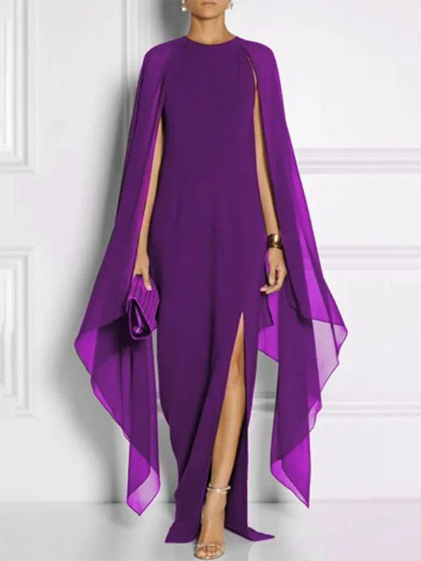 Zjkrl - Loose Solid Color Round-Neck Maxi Dresses Cozy Ruffle Sleeve Maxi Dress