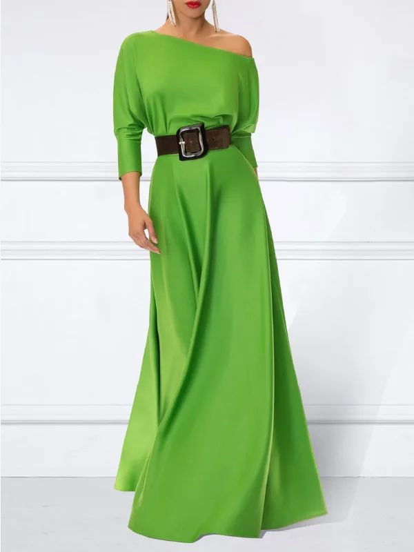 Zjkrl - Loose Three-Quarter Sleeves Solid Color Off-The-Shoulder Maxi Dresses Trendy Maxi Dress with Straps Zjkrl - Loose Three-Quarter Sleeves Solid Color Off-The-Shoulder Maxi Dresses Trendy Maxi Dress with Straps
