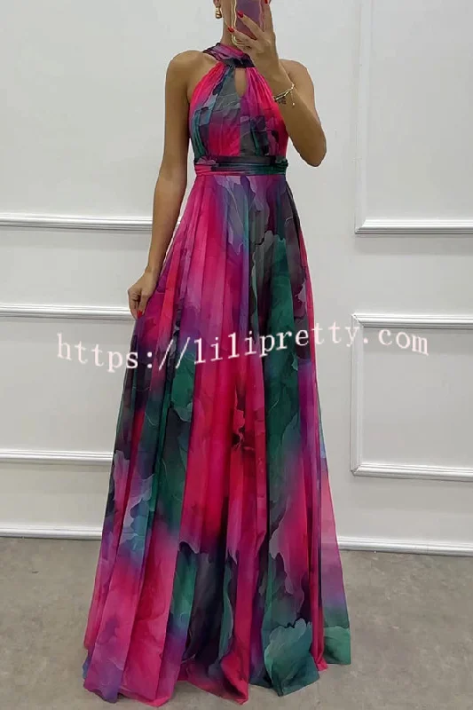 Elaine Tulle Floral Splash Print Cutout Halter Tie-up Neck Gown Maxi Dress Comfortable Bohemian Maxi Dress Elaine Tulle Floral Splash Print Cutout Halter Tie-up Neck Gown Maxi Dress Comfortable Bohemian Maxi Dress