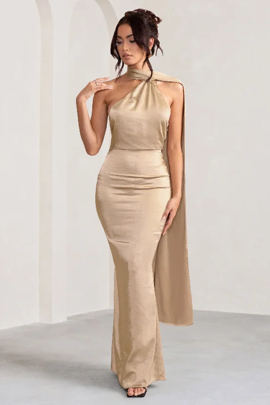 Mademoiselle | Champagne Satin Asymmetric Scarf Neck Backless Maxi Dress Comfortable Bohemian Maxi Dress