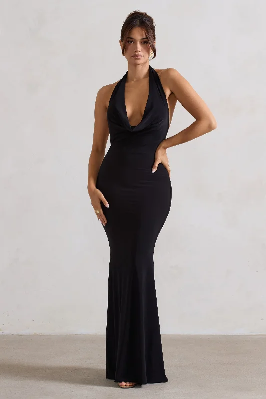 Milani | Black Backless Cowl Neck Fishtail Maxi Dress Comfortable Fitted Maxi Dress