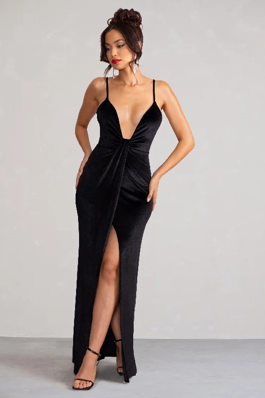 Miranda | Black Velvet Plunge Neck Twist Maxi Dress Elegant Boho Maxi Dress