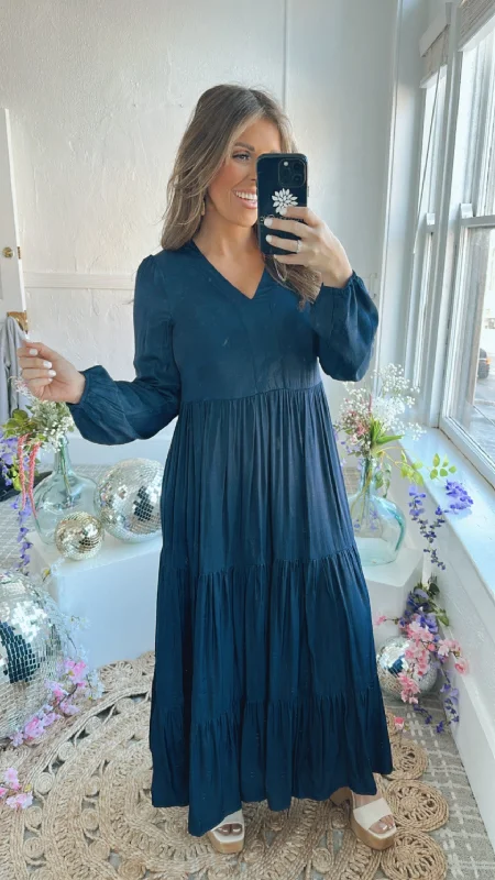Telling All Tiered Maxi Dress, Navy Elegant Lace Maxi Dress