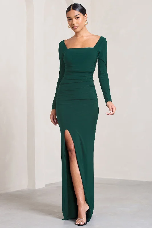 My Pleasure | Bottle Green Square Neck Ruched Maxi Dress Elegant Boho Maxi Dress