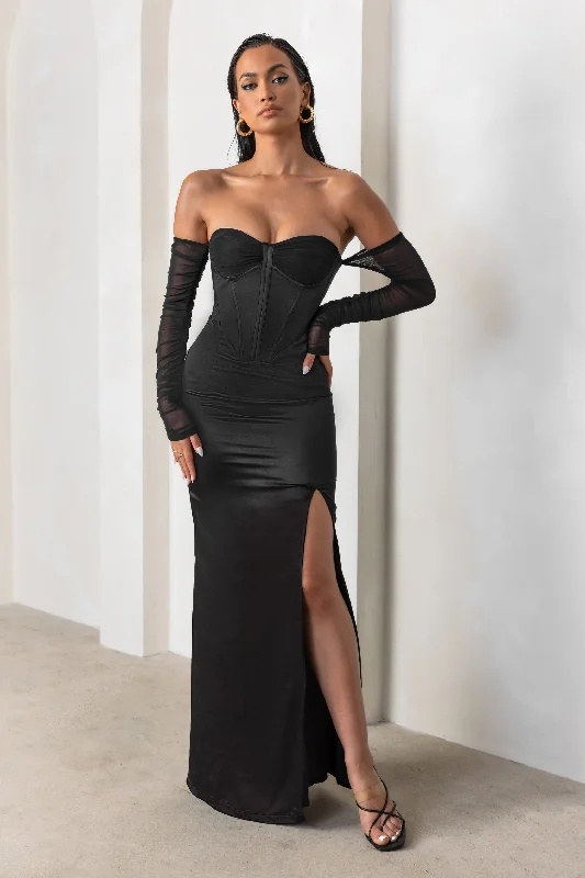 My Prize | Black Satin Bardot Mesh Long Sleeve Maxi Dress With Thigh Split Comfortable Maxi Dress with Slits My Prize | Black Satin Bardot Mesh Long Sleeve Maxi Dress With Thigh Split Comfortable Maxi Dress with Slits