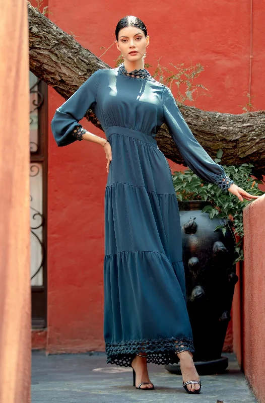 Navy Lace Tiered Maxi Dress Fashionable Layered Maxi Dress