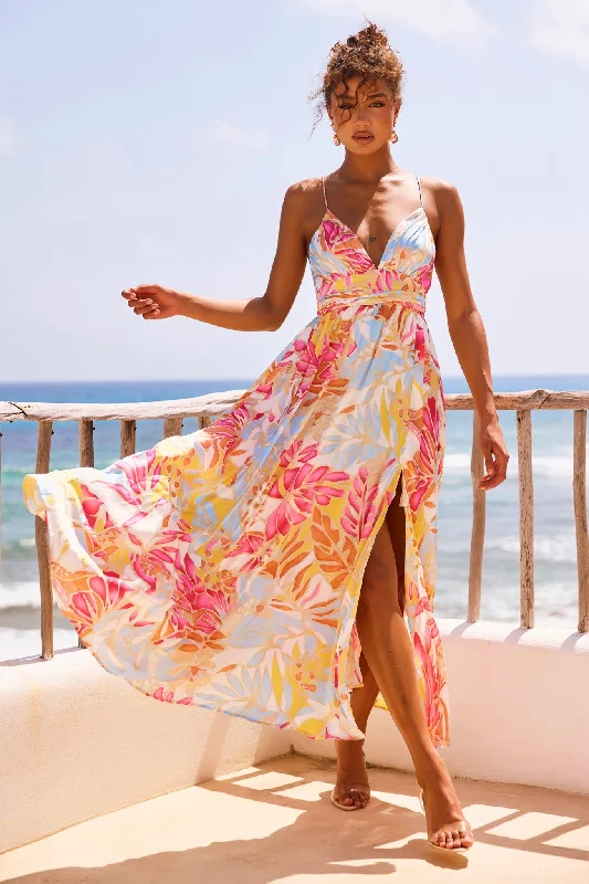 New Fantasy Maxi Dress - Pink Multi Comfortable Satin Maxi Dress