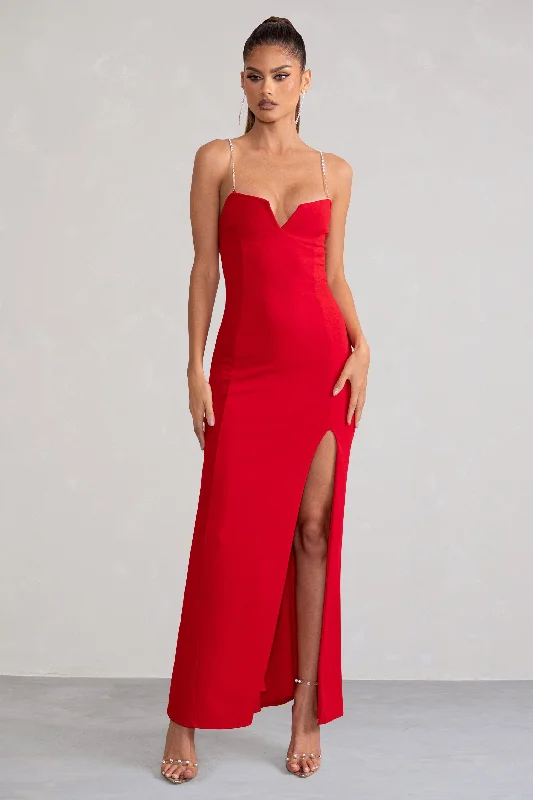 Notes To Self | Red Square Neck Thigh Split Maxi Dress Stylish V-Neck Maxi Dress