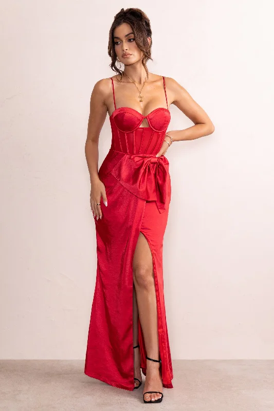 Odette | Red Satin Sweetheart Corset Bow Detail Maxi Dress Chic Sleeveless Maxi Dress