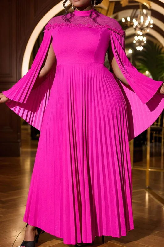 Patchwork Lace Trim Unusual Cape Sleeve Pleated Maxi Dress Elegant Lace-Up Maxi Dress Patchwork Lace Trim Unusual Cape Sleeve Pleated Maxi Dress Elegant Lace-Up Maxi Dress