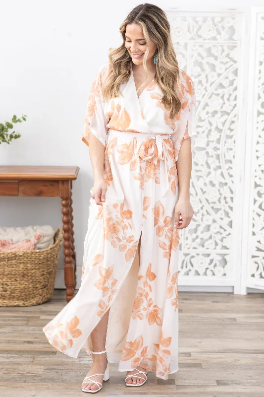 Peach Floral With Adjustable Belt Maxi Dress Comfortable Bohemian Maxi Dress