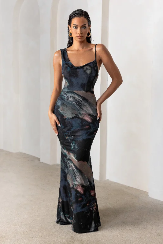 Phantasy | Black Abstract Print Asymmetric Neckline Cowl Maxi Dress Comfortable Bohemian Maxi Dress Phantasy | Black Abstract Print Asymmetric Neckline Cowl Maxi Dress Comfortable Bohemian Maxi Dress