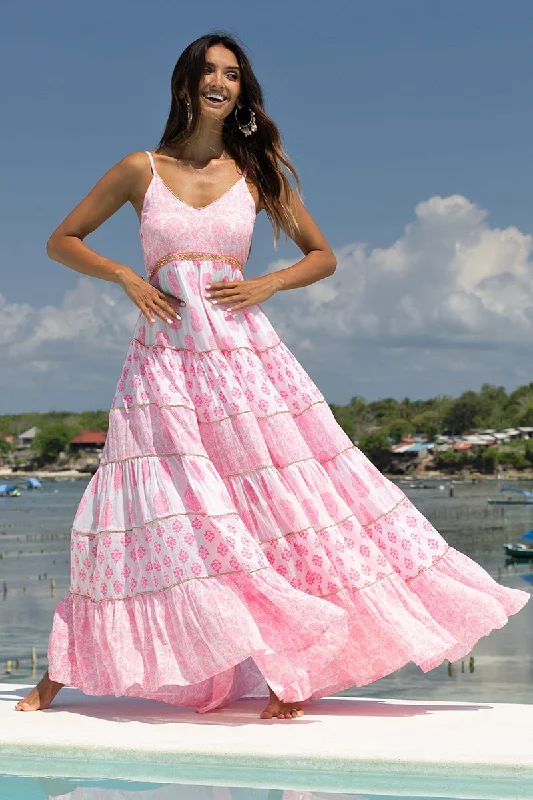 Pink Tiered Maxi Dress Fashionable High-Waist Maxi Dress