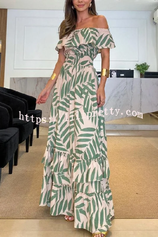 Lilipretty Plant Smiles Printed Off Shoulder Elastic Waist Maxi Dress Chic Sleeveless Maxi Dress
