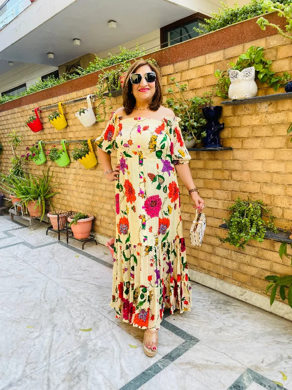 Premium Cream Flower Maxi Dress Trendy Maxi Dress with Belt