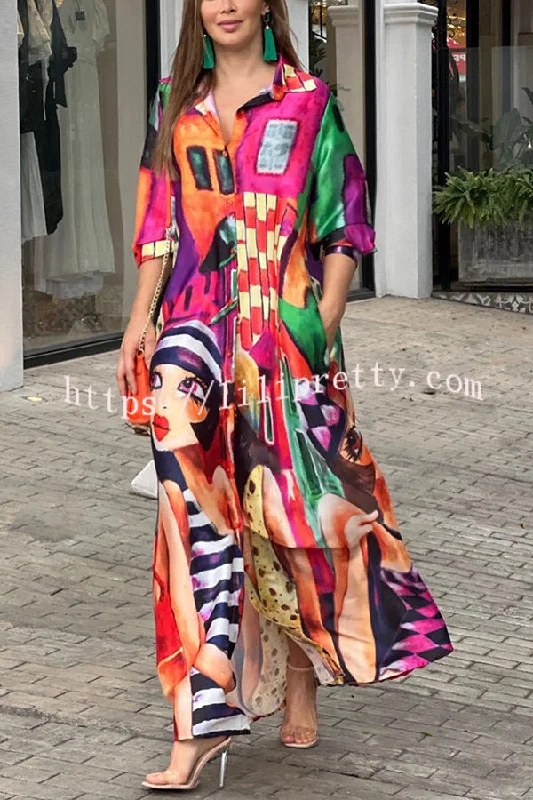 Lilipretty Prettiest Smile Cartoon Face Print Pocketed Shirt Maxi Dress Trendy Ruffled Maxi Dress
